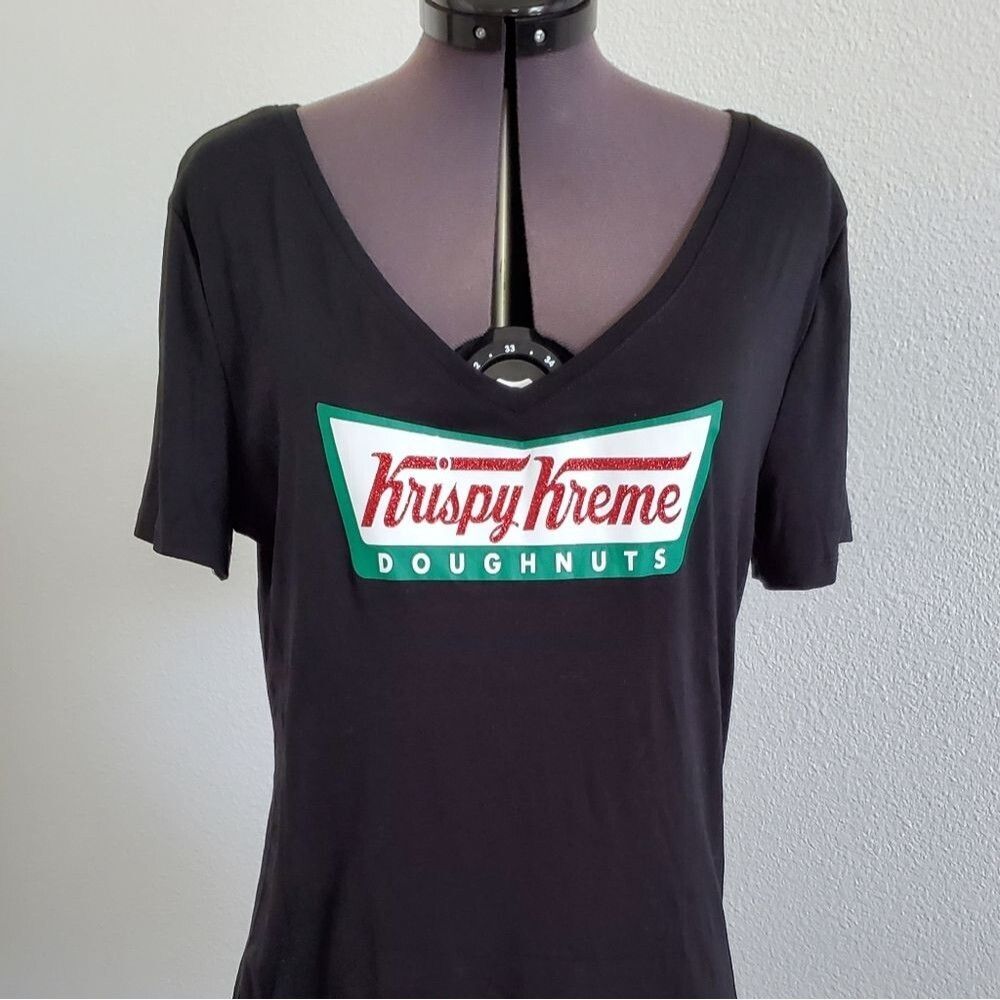 NEW Krispy Kreme x A New Day Women's T-Shirt Size Large Black Graphic V-Neck